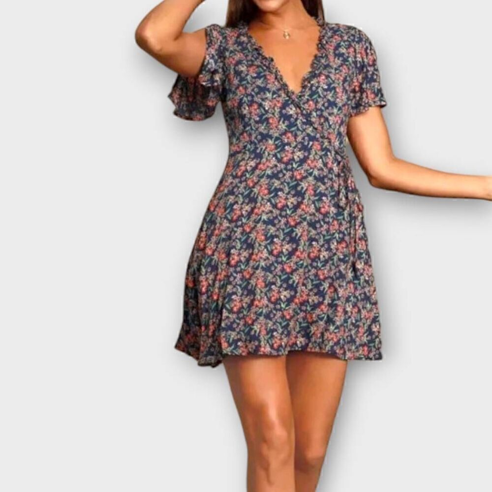Lulus Navy Blue Floral Ruffle Wrap Mini Dress Short Flutter‎ Sleeve Small